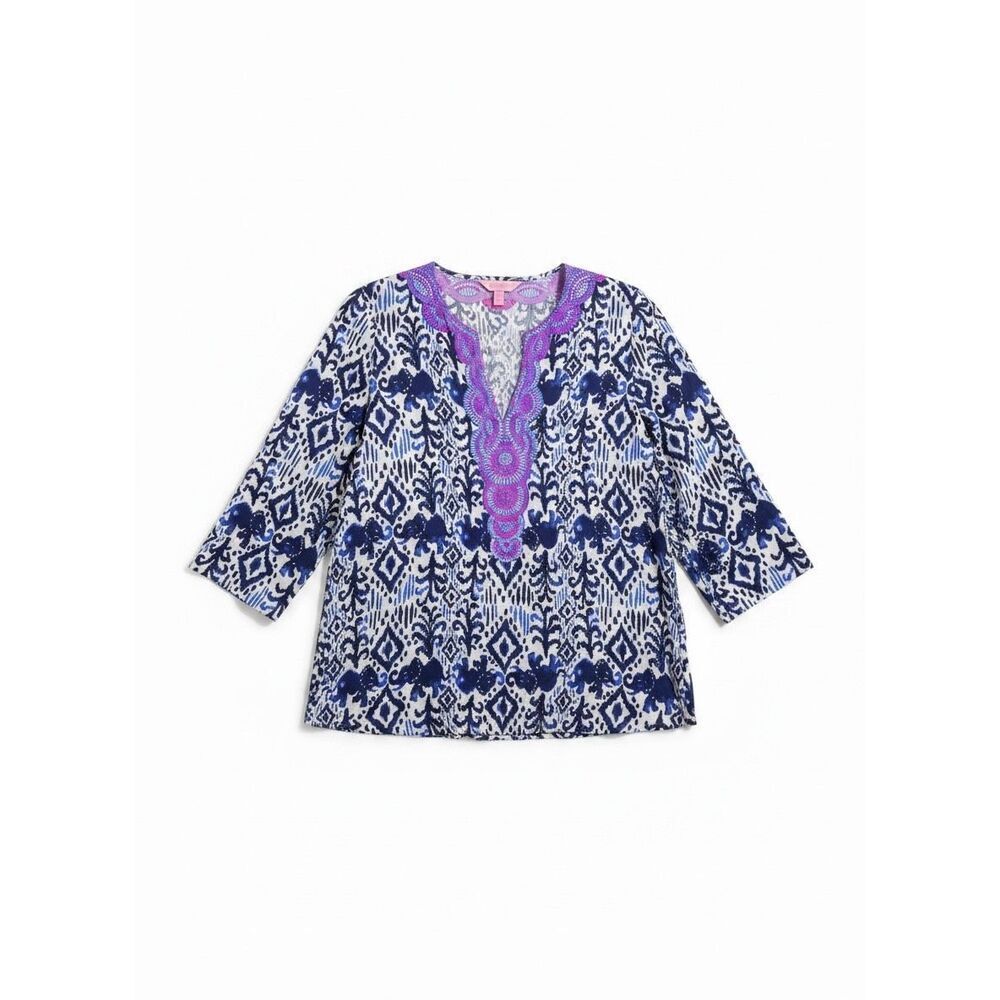 Lilly Pulitzer Renato 100% Silk Tunic Top Small Blue Pink Ikat Boho Resort